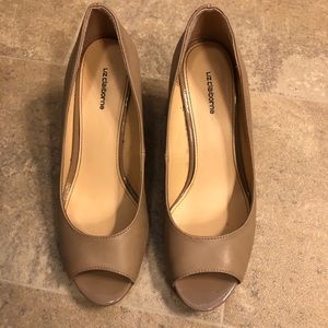 Nude open toe wedge heels